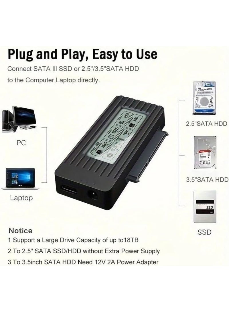 SYOSI SATA to USB 3.2/3.1/3.0 Adapter Cable for 2.5 Inch SSD HDD Data Transfer, Type-C Hard Drive Converter with LCD Speed Display for Laptop and Desktop Backup (Black) - Image 4