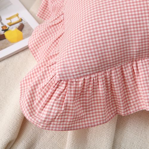 Silnuo Pink/White Ruffle Plaid Throw Pillow Covers Farmhouse Checkered Gingham18 x18 Pillow Shams Washed Cotton Vintage Pillowcases for Couch,Sofa,Bed and Living Room - Image 5