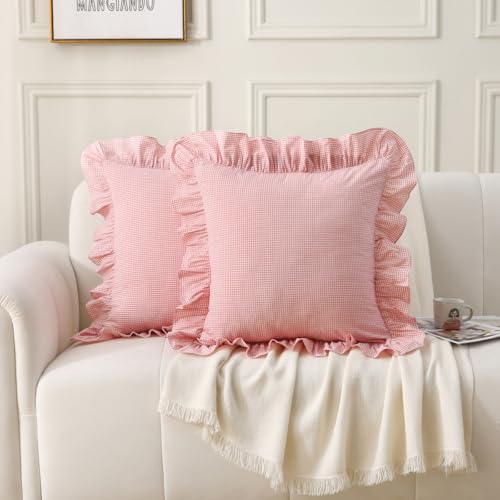 Silnuo Pink/White Ruffle Plaid Throw Pillow Covers Farmhouse Checkered Gingham18 x18 Pillow Shams Washed Cotton Vintage Pillowcases for Couch,Sofa,Bed and Living Room - Image 2