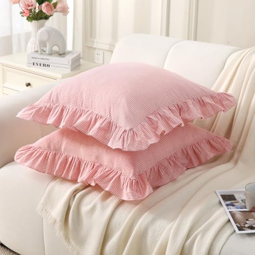 Silnuo Pink/White Ruffle Plaid Throw Pillow Covers Farmhouse Checkered Gingham18 x18 Pillow Shams Washed Cotton Vintage Pillowcases for Couch,Sofa,Bed and Living Room - Image 3