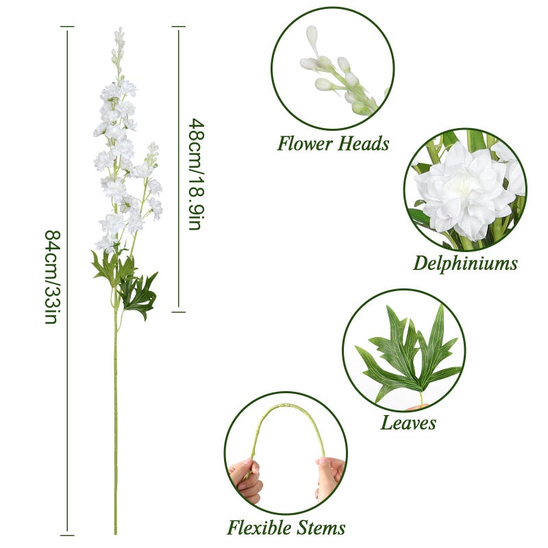 TOCHGREEN 4PCS Delphinium Artificial Flowers White Larkspur Artificial Flowers 33.5'' Long Stem Plant Faux Floral Silk Flowers Fake Flowers with Stems for Home Garden Vase Wedding Arrangement Decor - Image 3
