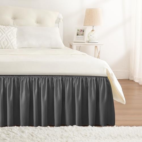 RIMELA Dark Grey Bed Skirt for Queen Size Beds & Matresses Wrap Around Elastic Dust Ruffles for Box Spring, Solid Wrinkle and Fade Resistant Machine Wash Fabric Easy to Install, Bedskirt 15 Inch Drop - Image 1