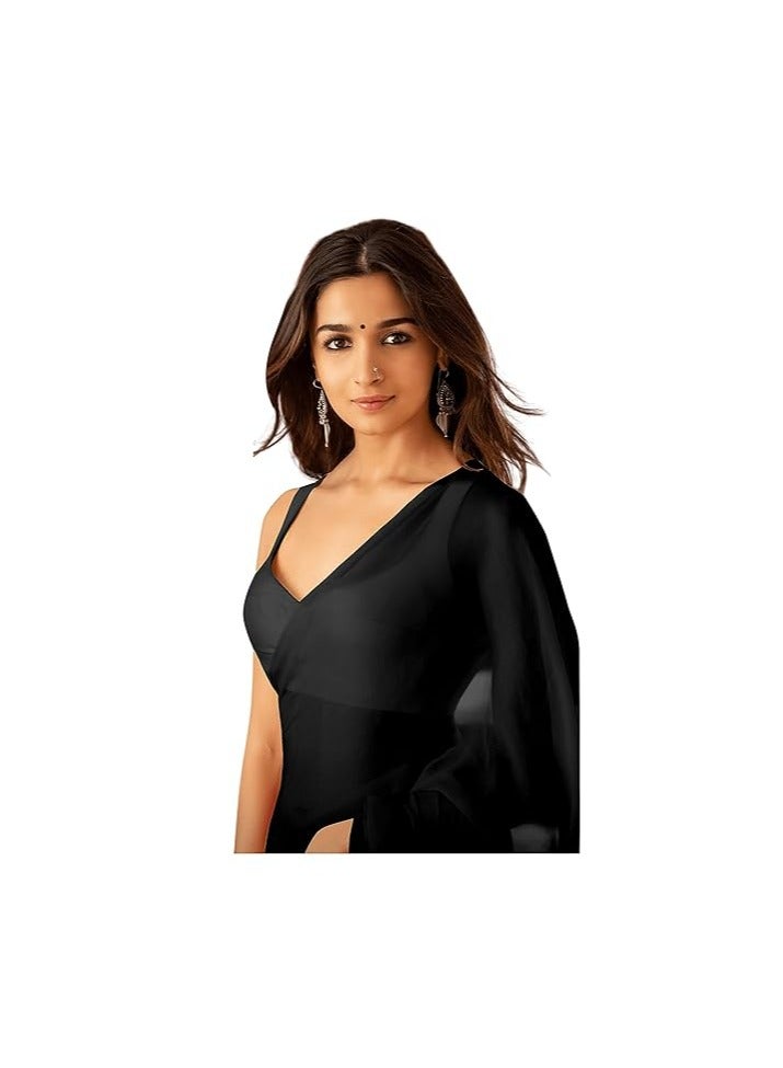 Accessorize Kingdom Women's Plain Pure Georgette Saree With Unstitched Blouse Piece - Image 2