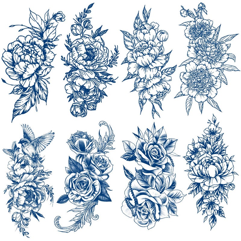 Semi-permanent Tattoos, Temporary Tattoos, 8-Sheet Plant-Based Ink Blue Flower Tattoos for Adults Women Girls Kids