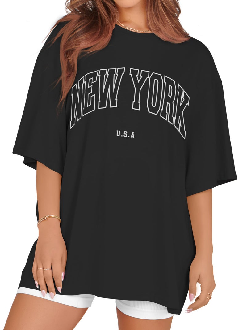 rosemia Oversized Tshirts for Women Summer Short Sleeve Round Neck Graphic Tee Shirt, Black New York, S - Image 1