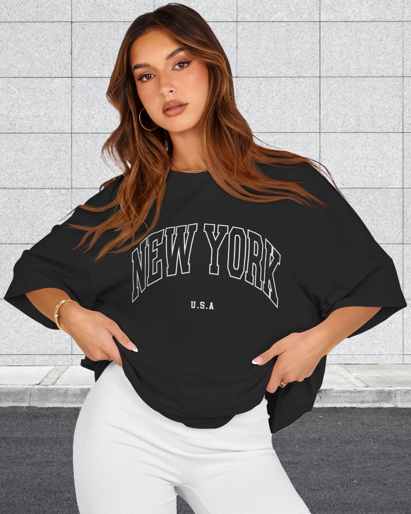 rosemia Oversized Tshirts for Women Summer Short Sleeve Round Neck Graphic Tee Shirt, Black New York, S - Image 4