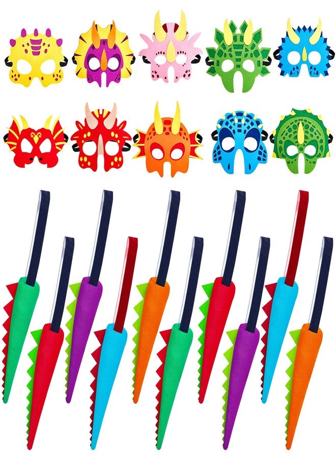 Leitee 20Pcs Felt Dinosaur Set - 10 Tails & 10 Dragon Masks for Dinosaur Party Favors for Toddlers Birthday Party Dress Up(Classic Color) - Image 1