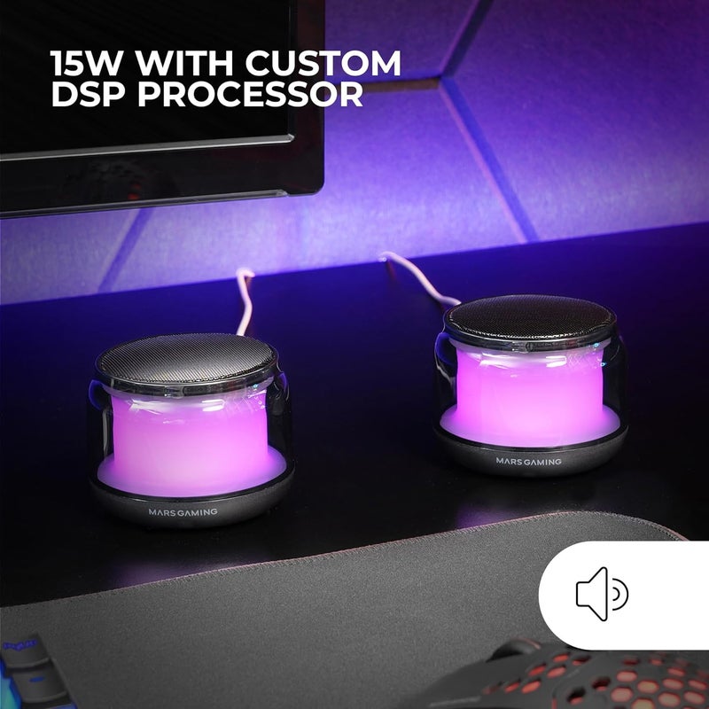 مارس_جيمنج MARSGAMING MS-Aura، مكبر صوت بلوتوث 5.3، شريحة DSP بقدرة 15 واط، إضاءة RGB بتصميم Clearview 360º، مكبرات صوت مدمجة مع صندوق تحكم في مستوى الصوت وRGB، مدخل Aux-in، أسود - Image 2