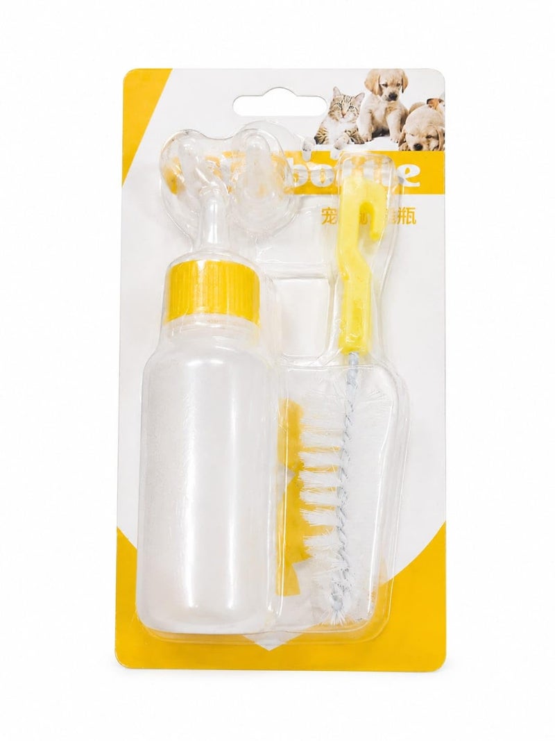 Safe pet feeding bottle for newborns - complete feeding set (bottle + cleaning brush + soft silicone teats) (Yellow)