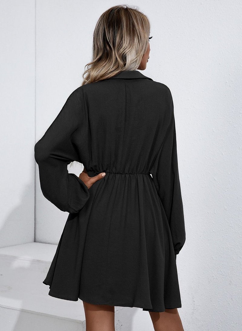Loquat Lace Up Waist Slim Long Sleeve Shirt Dress Black - Image 2
