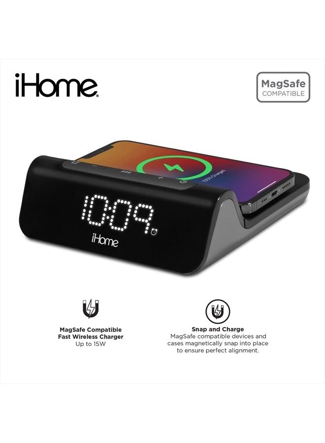 iHome 3-in-1 Magnetic Fast Wireless Charging Clock for Magsafe Enabled Devices, USB-C and USB-A Charging, 25W Total Power Output, Fast Wireless Charing Clock (iW23) - Image 1