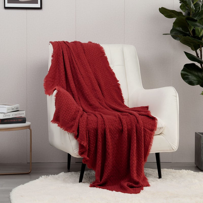 CREVENT Farmhouse Knit Throw Blanket for Couch Sofa Chair Bed Home Decoration Soft Warm Cozy Light Weight for Spring Summer Fall 50X60 Christmas Red