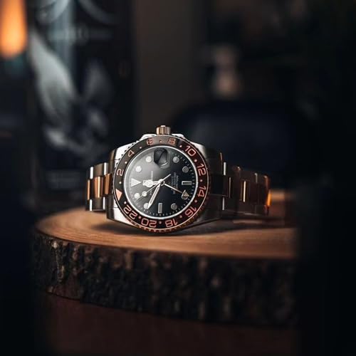 PAGRNE DESIGN ساعة يد أوتوماتيكية ميكانيكية للرجال بتصميم PAGRNE GMT مع إطار سيراميك دوار وساعة من الفولاذ المقاوم للصدأ مع وظيفة التاريخ (حزام فولاذي وردي-3) - Image 4
