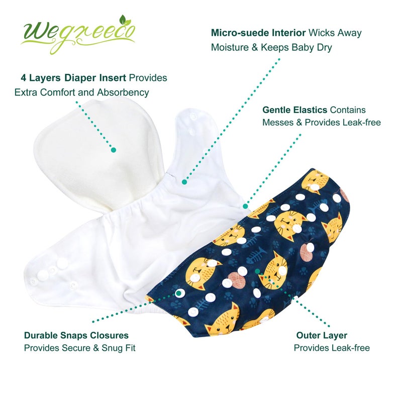 Wegreeco حفاضات قماش wegreeco 6 عبوة مع 6 إدخالات و 1 حقيبة مبللة، حفاضات قماش قابلة للغسل للأطفال، حجم واحد قابل للتعديل قابل لإعادة الاستخدام (ديناصور) - Image 2