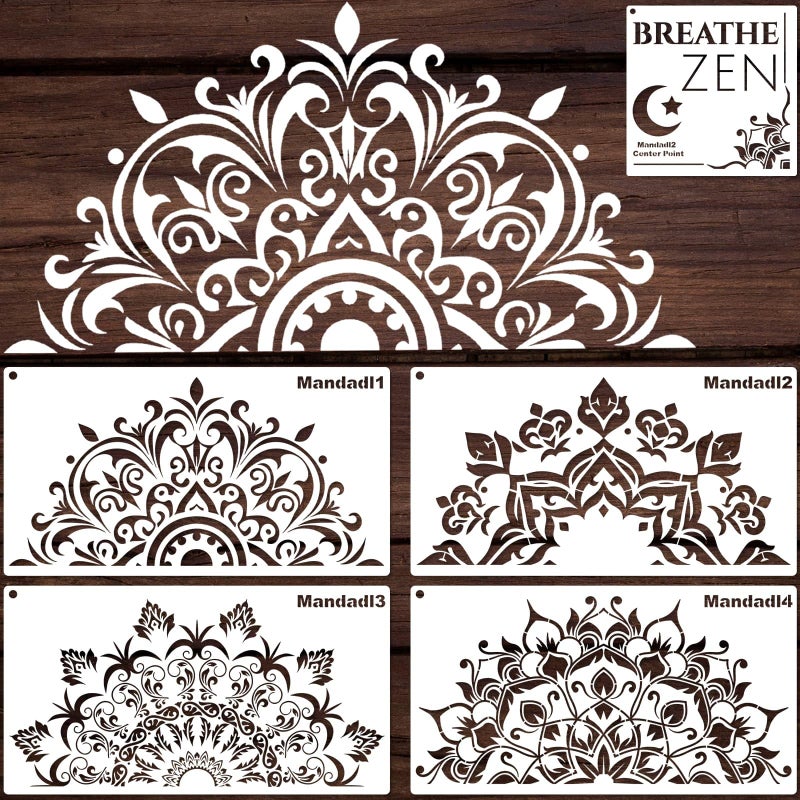 YKW 5 Pack Mandala Stencils for Painting, Large Half Mandala & Breathe Zen Templates - Reusable PET Stencils for Wall, Wood, Fabric & Rock - DIY Craft Stencil for Home Decor Art - Image 1