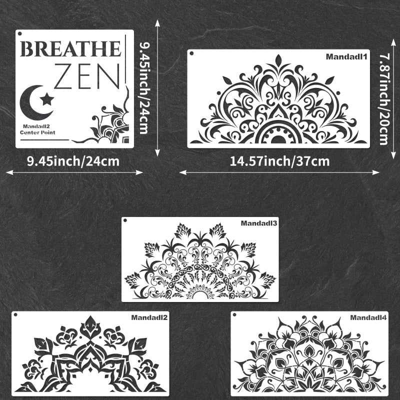 YKW 5 Pack Mandala Stencils for Painting, Large Half Mandala & Breathe Zen Templates - Reusable PET Stencils for Wall, Wood, Fabric & Rock - DIY Craft Stencil for Home Decor Art - Image 2