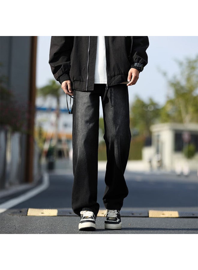Maybeyond Fleece-lined Jeans For Men, Autumn And Winter Loose Straight-leg Pants, American-style Wide-leg Trousers Ma74 Black-gray Fleece-lined Size L - Image 1