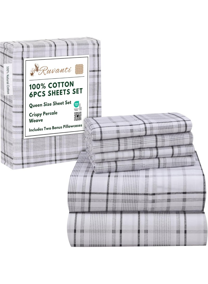 RUVANTI 6 Pcs Cotton Sheets - 100% Natural Cotton Soft, Lightweight & Breathable Crispy Percale Bed Sheets, Queen Sheet Set 16" Deep Pockets, Open Check - Image 1