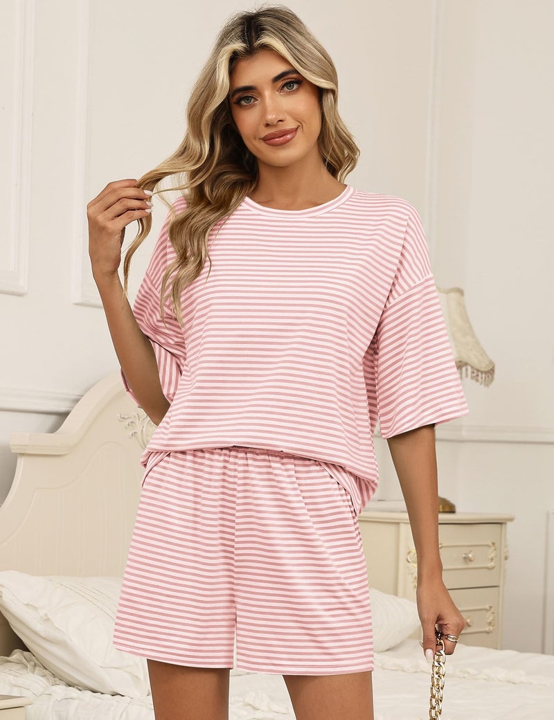 LOMON Two Piece Sets for Women 3/4 Sleeve and Elastic Waist Short Pajamas Sleepwear with Pockets (White Pink Striped, L) - Image 3