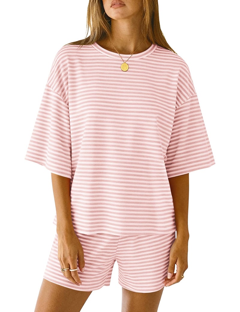 LOMON Two Piece Sets for Women 3/4 Sleeve and Elastic Waist Short Pajamas Sleepwear with Pockets (White Pink Striped, L) - Image 1