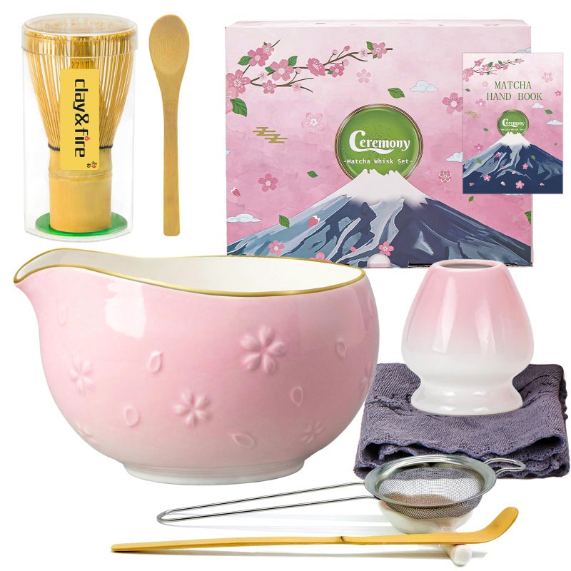 Clay&Fire ClayFire Matcha Whisk Set 9 pcs Ceramic Matcha Set Gifts for WomenMatcha Bowl with Spout and Whisk Matcha Kit for Matcha Lovers Ideal Gift Christmas Birthday Anniversary Cherry BloomPink - Image 2