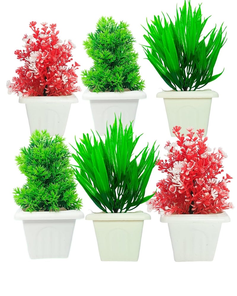 Generic Artifical Mini Plants 6 Pieces Realistic Small Artificia Small Plants in Ceramic Pots for Desk Table Home Office Decor Red and Green Decorative Plants with White Pots  - Image 1