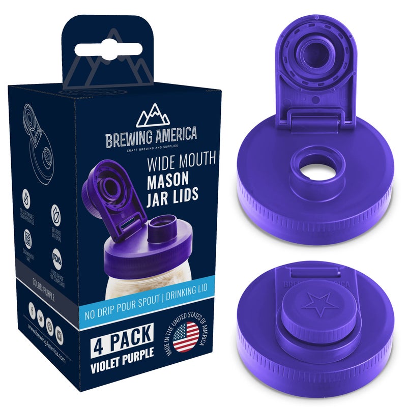 Mason Jar Lids Wide Mouth Plastic 4 packUSA MadeFlip Cap Screw Top Pour Spout Drink Hole  Leakproof for Kerr and Ball Canning JarsAirtight for Drinks to Go and Controlled PouringViolet Purple