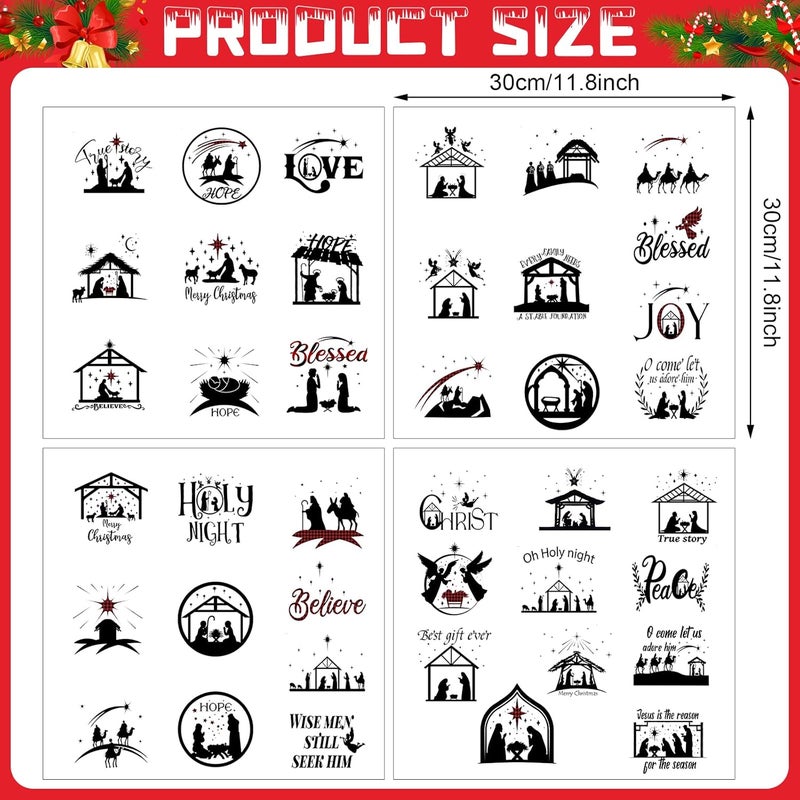Woanger 80 Pieces Nativity Mason Jar Vinyl Decals Nativity Stickers Christmas Manger Scene Decals Santa Wreath Christmas Stickers for Glass Jar Window Bottle Gift Box Decorations 40 StylesClassic Style - Image 2