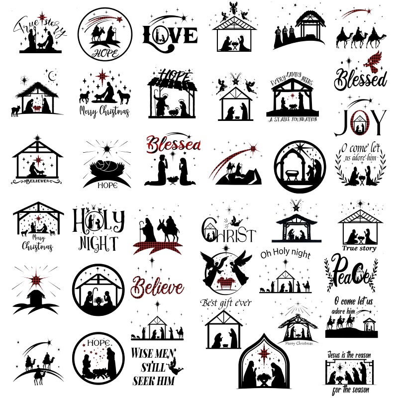 Woanger 80 Pieces Nativity Mason Jar Vinyl Decals Nativity Stickers Christmas Manger Scene Decals Santa Wreath Christmas Stickers for Glass Jar Window Bottle Gift Box Decorations 40 StylesClassic Style - Image 1