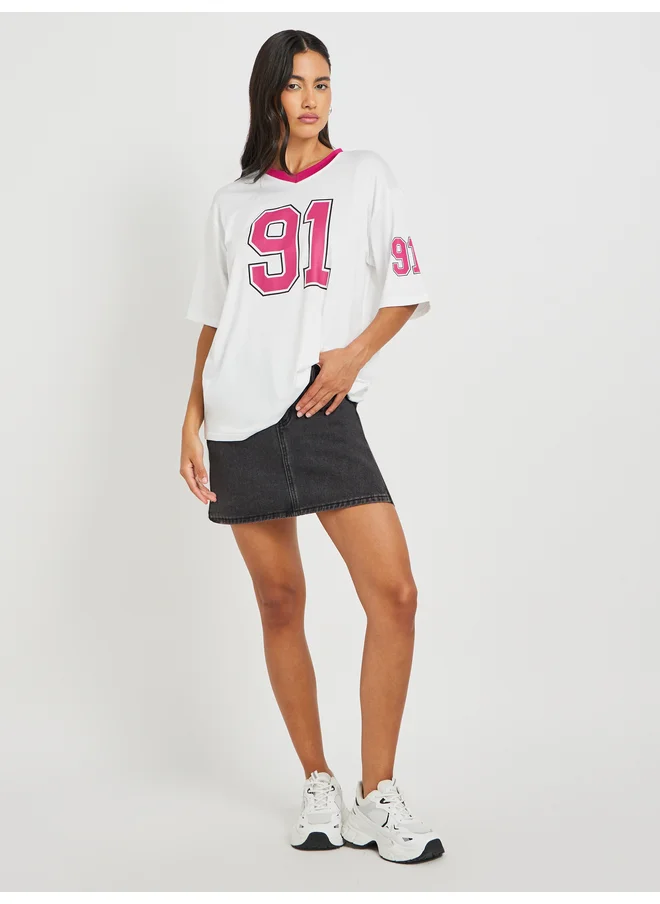 تايك تو Take Two Slogan Print V-Neck Oversized T-Shirt