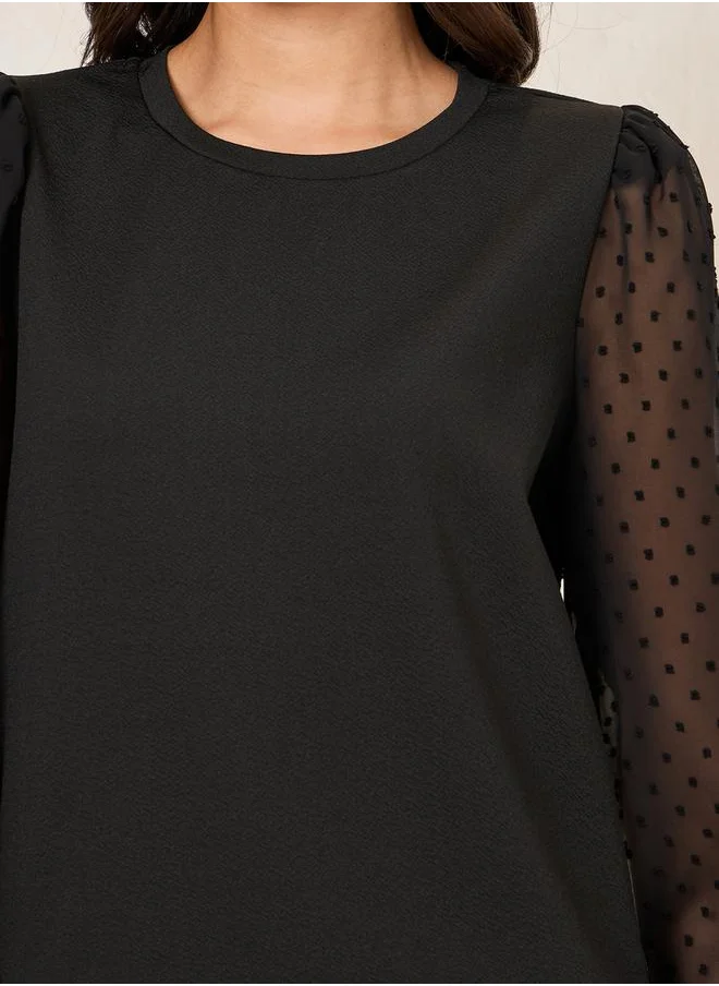 Styli Solid Round Neck Top with Dobby Balloon Sleeves
