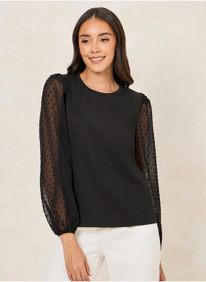 Styli Solid Round Neck Top with Dobby Balloon Sleeves