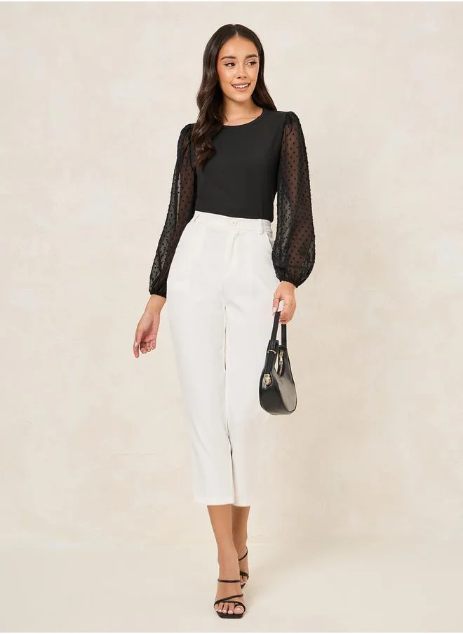 Styli Solid Round Neck Top with Dobby Balloon Sleeves