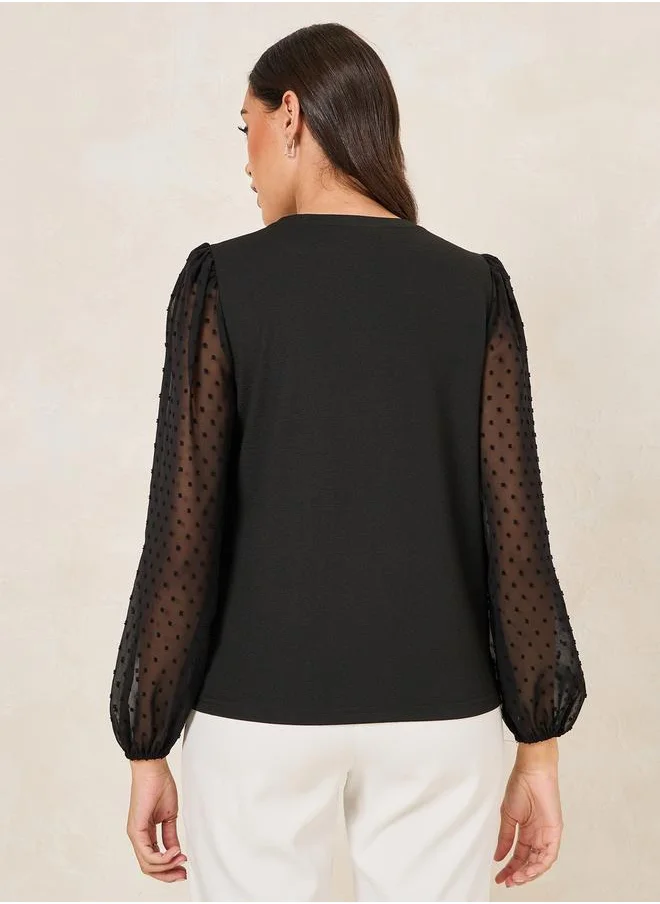 Styli Solid Round Neck Top with Dobby Balloon Sleeves