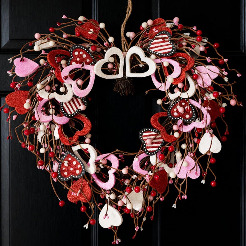 Egolot Valentine’s Day Heart Shaped Wreath for Front Door, 20 Inch Pink Red Glitter Heart Wreath with Berries for Indoor Outdoor, Valentine Wreaths for Wedding Doors, Windows, Walls - Image 1