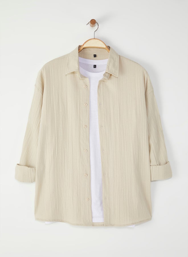 trendyol Beige Regular Fit Textured Jacquard Flowy Shirt - Image 2