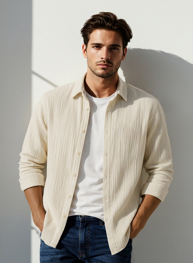 trendyol Beige Regular Fit Textured Jacquard Flowy Shirt - Image 1