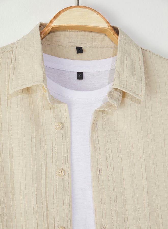 trendyol Beige Regular Fit Textured Jacquard Flowy Shirt - Image 3