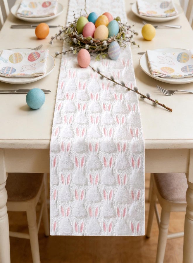 Apear1 Easter Table Runner White Soft Plush Faux Fur Jacquard Pink Ear Bunny Kitchen Dining Table Decoration for Farmhouse Home Party Decor (White Pink, 13" x 72") - Image 3