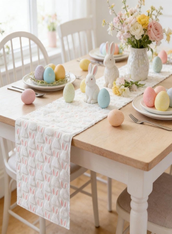 Apear1 Easter Table Runner White Soft Plush Faux Fur Jacquard Pink Ear Bunny Kitchen Dining Table Decoration for Farmhouse Home Party Decor (White Pink, 13" x 72") - Image 2