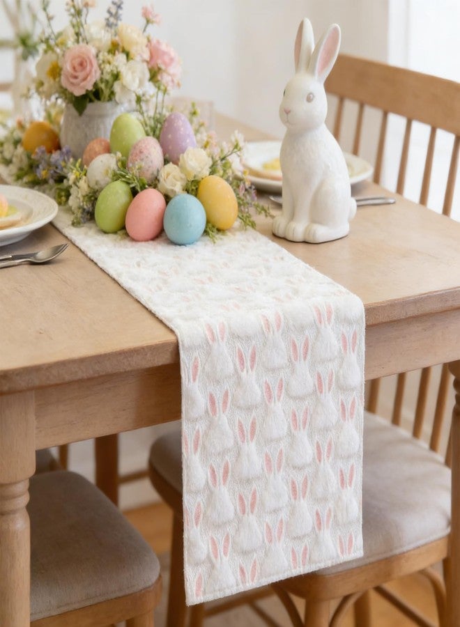 Apear1 Easter Table Runner White Soft Plush Faux Fur Jacquard Pink Ear Bunny Kitchen Dining Table Decoration for Farmhouse Home Party Decor (White Pink, 13" x 72") - Image 1
