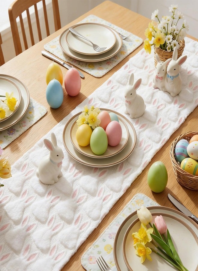 Apear1 Easter Table Runner White Soft Plush Faux Fur Jacquard Pink Ear Bunny Kitchen Dining Table Decoration for Farmhouse Home Party Decor (White Pink, 13" x 72") - Image 4