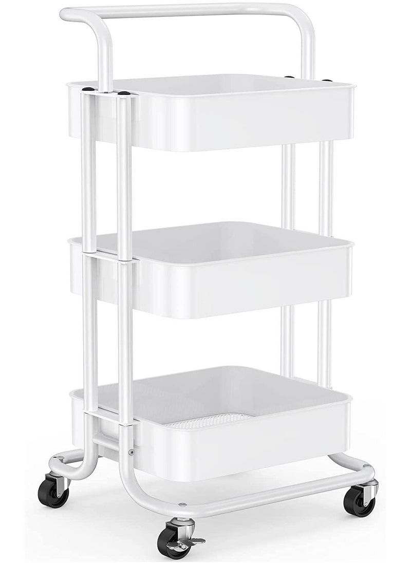 PENG GENERAL - 3 Tier Rolling Utility Cart With Handles And Lockable Wheels White - Image 1