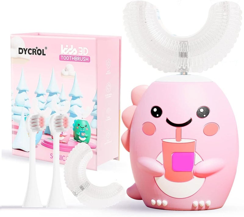DYCROL Kids U Shaped Electric Toothbrush with 4 Brush Heads, Sonic Toothbrush Kids with 5 Modes, Cartoon Dinosaur 360-Degree Cleaning IPX7 Waterproof Design (6-12 Age (Pink)) - Image 2
