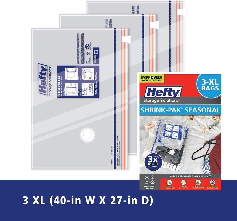 Shrink-Pak Hefty 3 Extra Large Vacuum Seal Storage Bags Space Saver Bags for Clothing, Pillows, Towels, or Blankets, 3 x XL Bags - Image 3