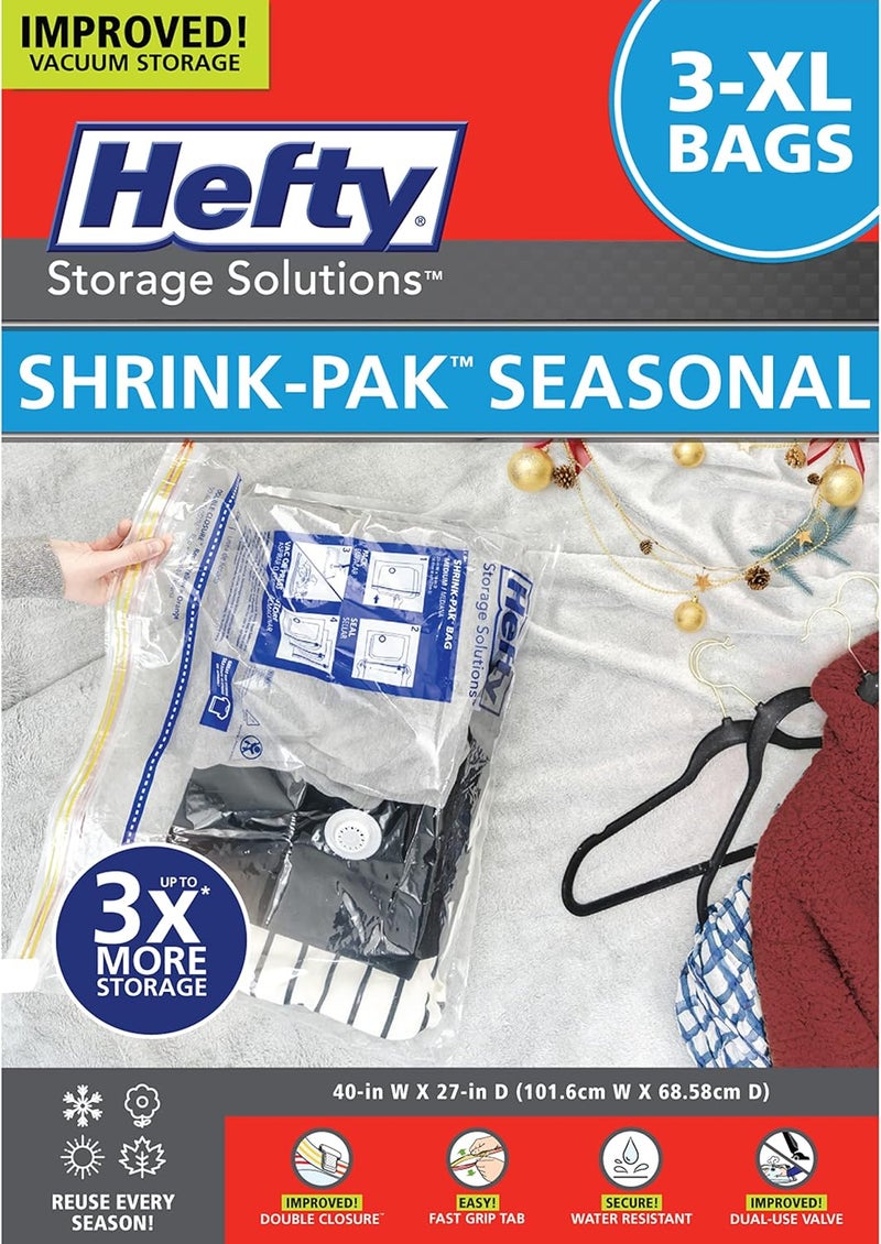 Shrink-Pak Hefty 3 Extra Large Vacuum Seal Storage Bags Space Saver Bags for Clothing, Pillows, Towels, or Blankets, 3 x XL Bags - Image 1