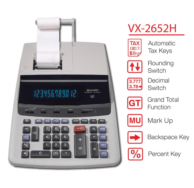 Sharp 12-Digit Print Calculator Desktop Size Adding Machine, Perfect for Everyday Use and Office, Bright, Large Easy-to-Read Numbers on Both the Display and the Two-ColorPrinted Tape (VX-2652H) - Image 3