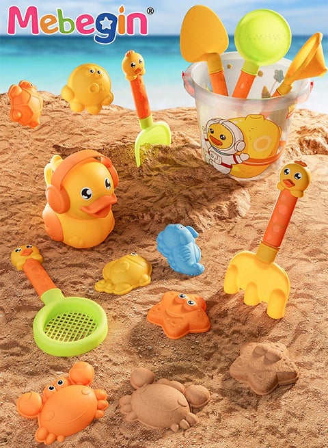 14 Pieces Cute Duck Beach Toys Sand Bucket and Shovels Sand Molds Kids Beach Toys Beach Sand Pails for Beach Travel, Sand Toys for Kids and Toddlers