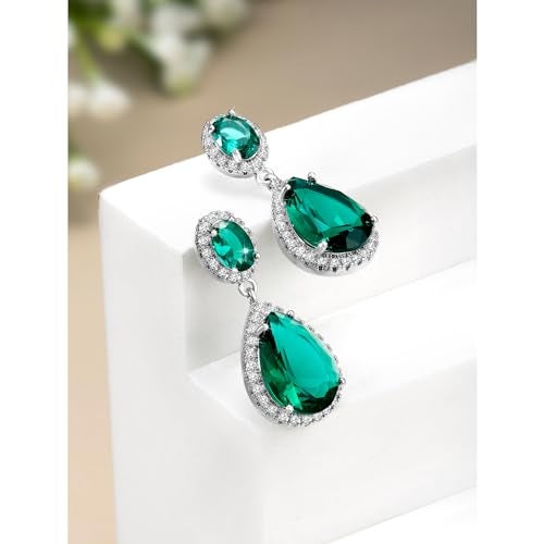 Peora Silver Plated Cubic Zirconia & Green Crystal Studded Drop Earrings Trending Jewellery For Women - Image 2