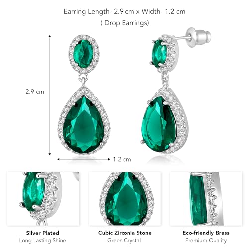 Peora Silver Plated Cubic Zirconia & Green Crystal Studded Drop Earrings Trending Jewellery For Women - Image 4